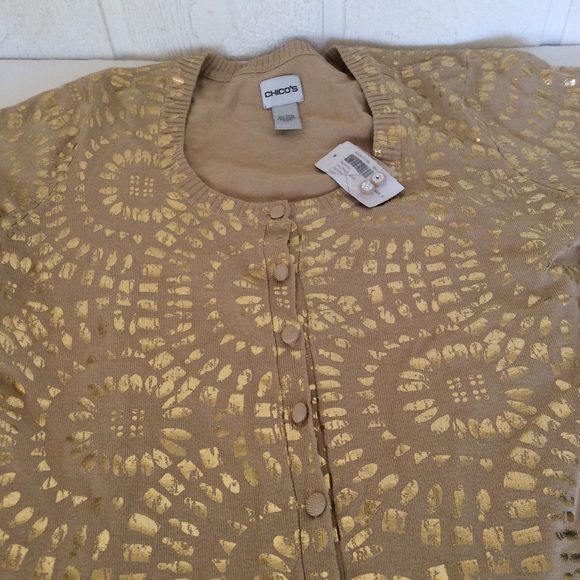 CHICOS GOLD FOIL SHORT SLEEVE CARDIGAN MEDIUM NWT - Picture 8 of 9